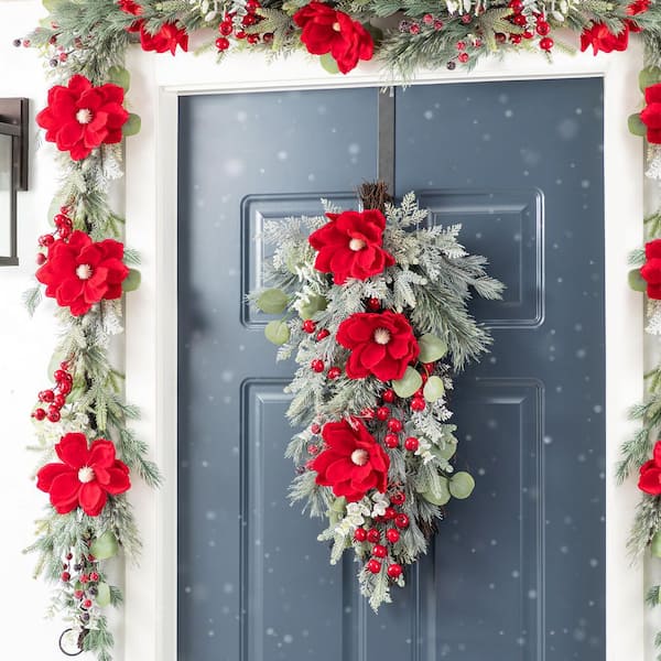 Glitzhome 14 in. Red Mangnolia and Berry Artificial Christmas Swag