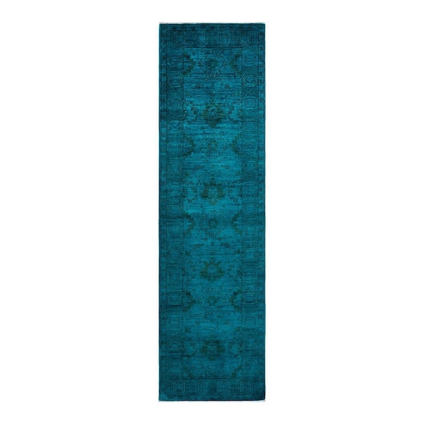 Overdyed Blue 3 ft. x 10 ft. Solid Wool Indoor Runner Rug