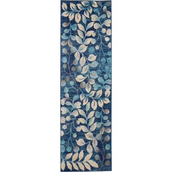 Tranquil Navy Blue 2 ft. x 7 ft. Floral Modern Kitchen Runner Area Rug