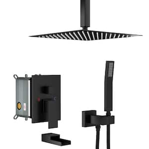 1-Spray 16 in. Ceiling Mount Square Rainfall Shower Head with Hand Shower and Tub and Faucet in Black (Valve Included)