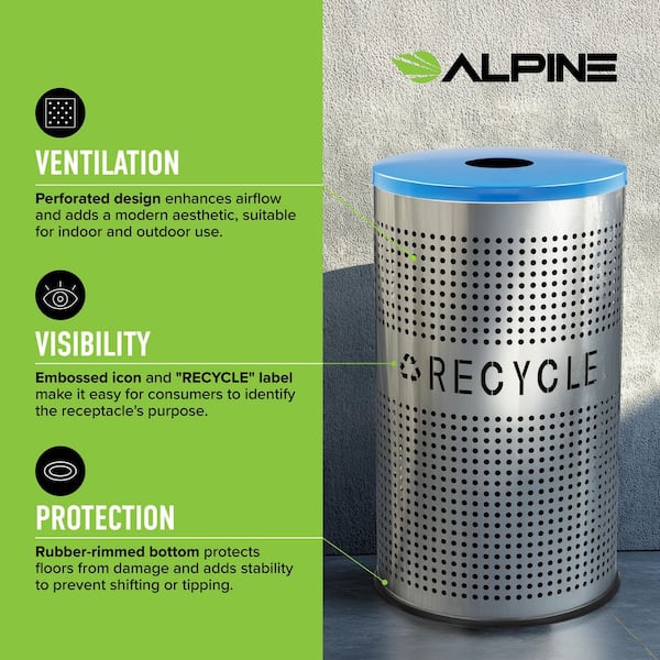 26 gal. Recycling Perforated Stainless Steel Commercial Trash Can with Blue Lid and Liner