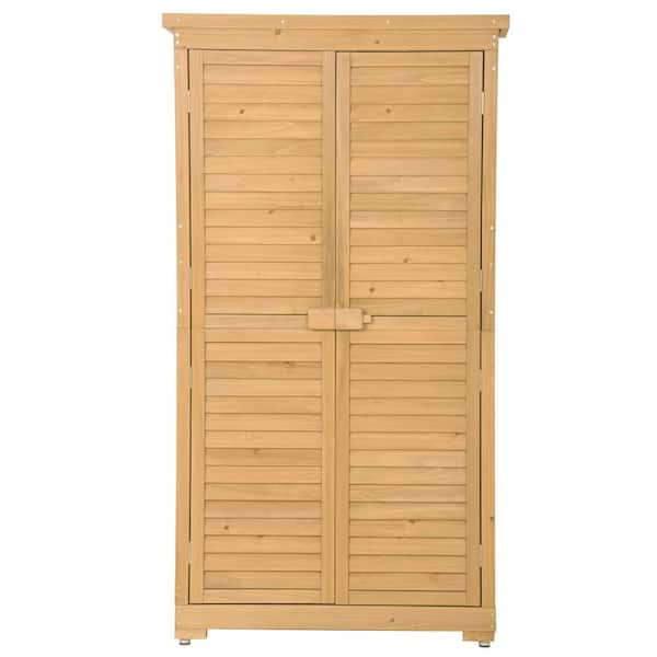 Zeus & Ruta 34.3 in. W x 18.3 in. D x 63 in. H 3-Tier Fir Wood Outdoor Storage Cabinet Shutter Design in Natural Wood