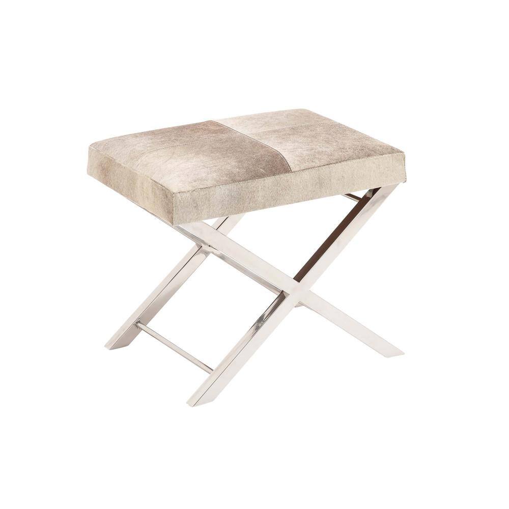 Gray Hair on Hide Leather and Stainless Steel X-Base Stool