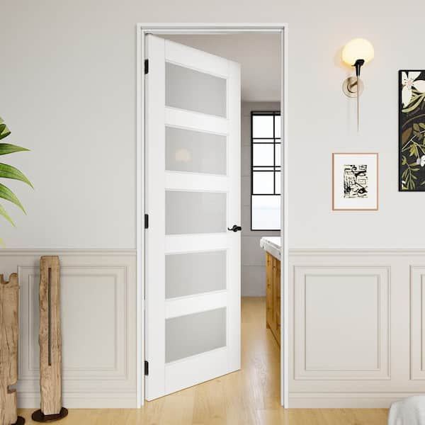 28 in. x 80 in. 5-Lite Frosted Glass Left Handed White Solid Core Single Interior Door with Quick Assemble Jamb