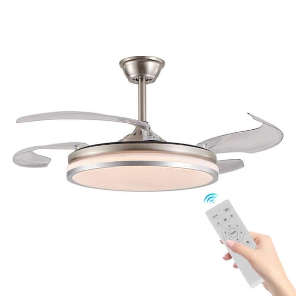 FIRHOT Modern 42 in. Indoor Brush Nickel Retractable Blades Ceiling Fan with Integrated LED Light Kit and Remote Control