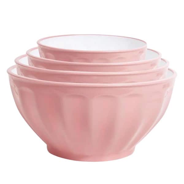 4-Piece Pink Plastic Mixing Bowls Set with Lids, Microwave Safe, Nesting, Non-Slip, Kitchen Prep Essential