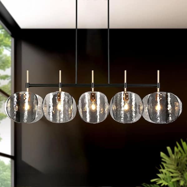 Rajinloosm 53 in. 5-Light Black and Gold Island Chandelier with Handmade Smoky Gray Curved Glass Discs, No Bulb Included
