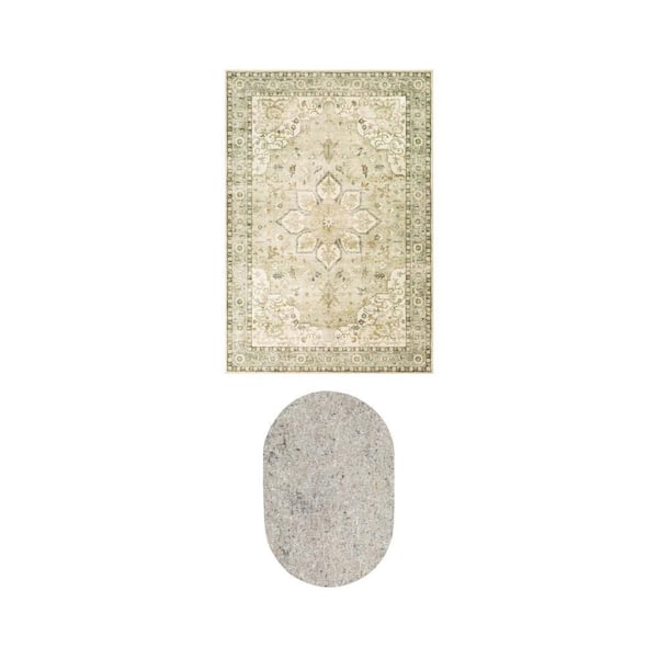 Ottawa Sage/Cream 8 ft. x 10 ft. Indoor Area Rug with Deluxe 8 ft. x 10 ft. Rug Pad Combo