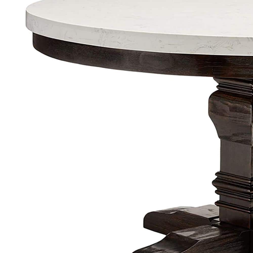 Salvage Dark Oak Round Extendable Dining Table with White Marble Top