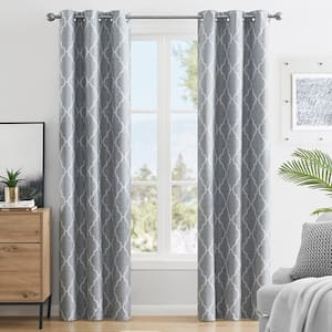 Trellis Gray Polyester 38 in. W x 84 in. L Printed Grommet 100% Blackout Curtain (Single Panel)