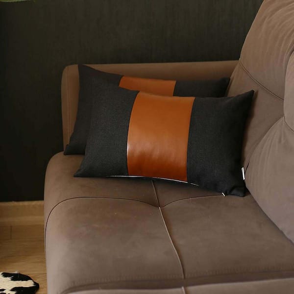 MIKE & Co. NEW YORK Boho-Chic Handcrafted Vegan Faux Leather Black and Brown 12 in. x 20 in. Lumbar Solid Throw Pillow Cover Set of 2