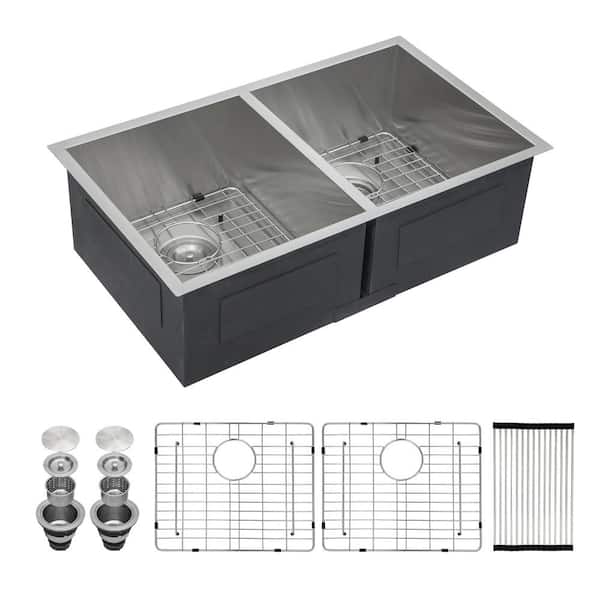 LORDEAR Stainless Steel 18-Gauge 33 in. 50/50 Double Bowl Undermount Kitchen Sink with Bottom Grid