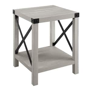 18 in. Stone Grey Square Wood Farmhouse Metal-X End Table with Lower Shelf