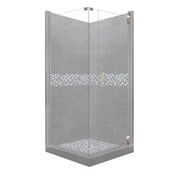 American Bath Factory Del Mar Grand Hinged 38 in. x 38 in. x 80 in. Right-Hand Corner Shower Kit in Wet Cement and Satin Nickel Hardware