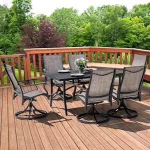 Grayish Brown 7-Piece Textilene and Aluminum Outdoor Dining Set, 6 Swivel Chairs and Dining Table with Umbrella Hole