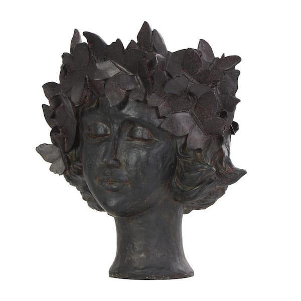 Litton Lane 14 x 13 x 10 in. Medium Bronze Resin Woman Head Planter with Wide Opening and Butterfly Accents