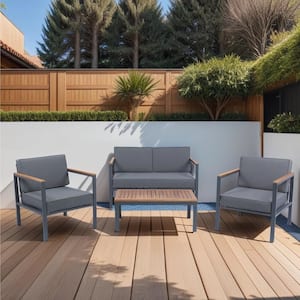 Metal 4 -Pieces Outdoor Sofa Set with Acacia Wood Top Coffee Table, Gray Cushion for Garden, Backyard, Poolside