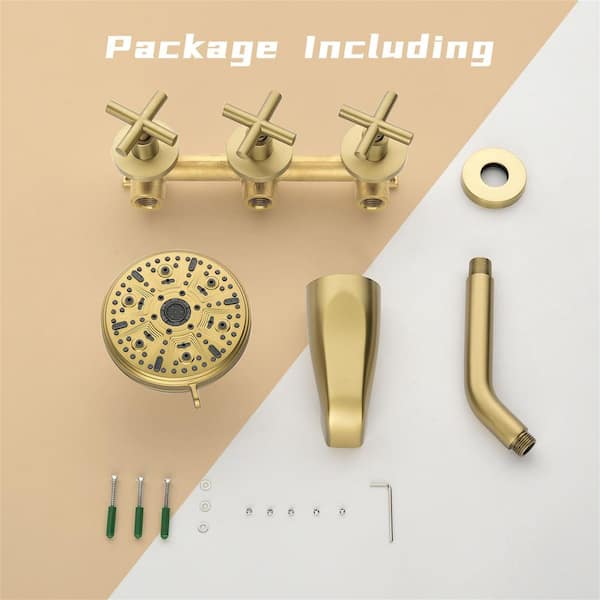 Round Three-Handle Two-Function Bathroom Shower Set - Gold Brushed