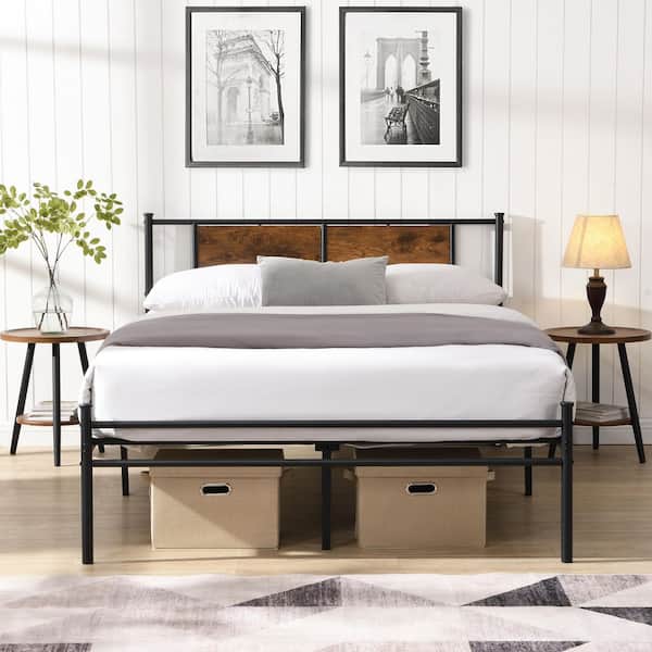 Black Metal Frame Queen Platform Bed Frame Mattress Foundation with Brown Wood Panel Headboard Sturdy Metal Slat Support