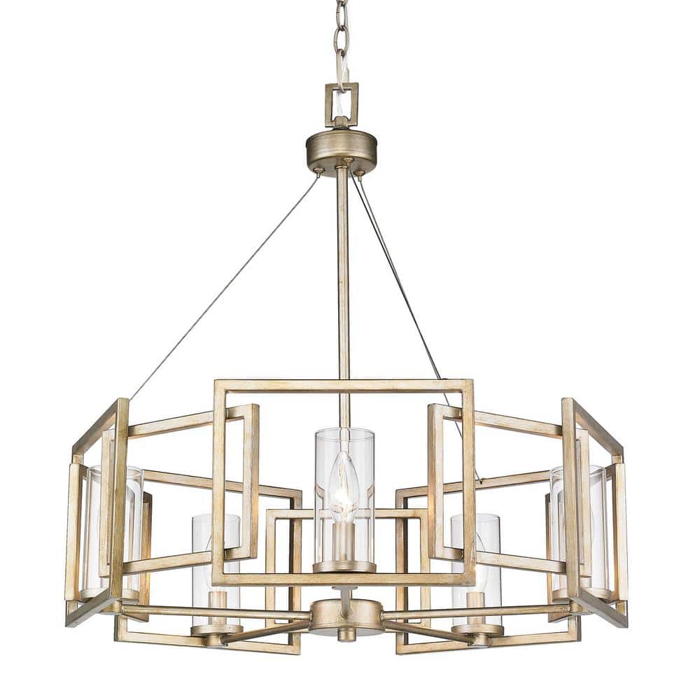 Elegant White Gold 5-Light Chandelier with Clear Glass Cylinders