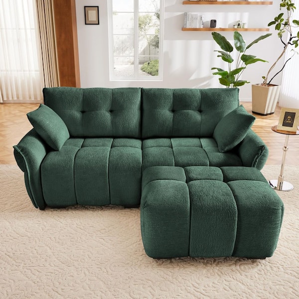 Tina 78.7 in. Flared Arm Chenille Upholstered Rectangle Sectional Sofa in. Green with Ottoman, Throw Pillows