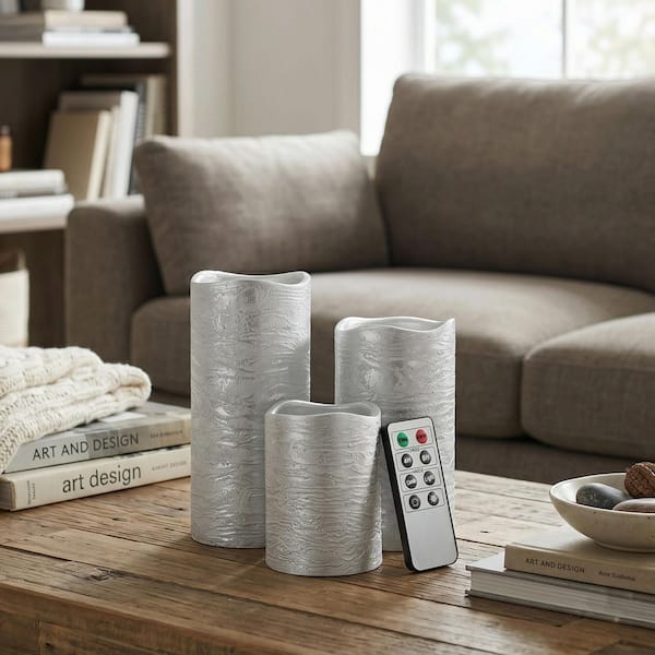 Distressed Metallic Silver Flameless Real Wax LED Candles with Remote (Set of 3)