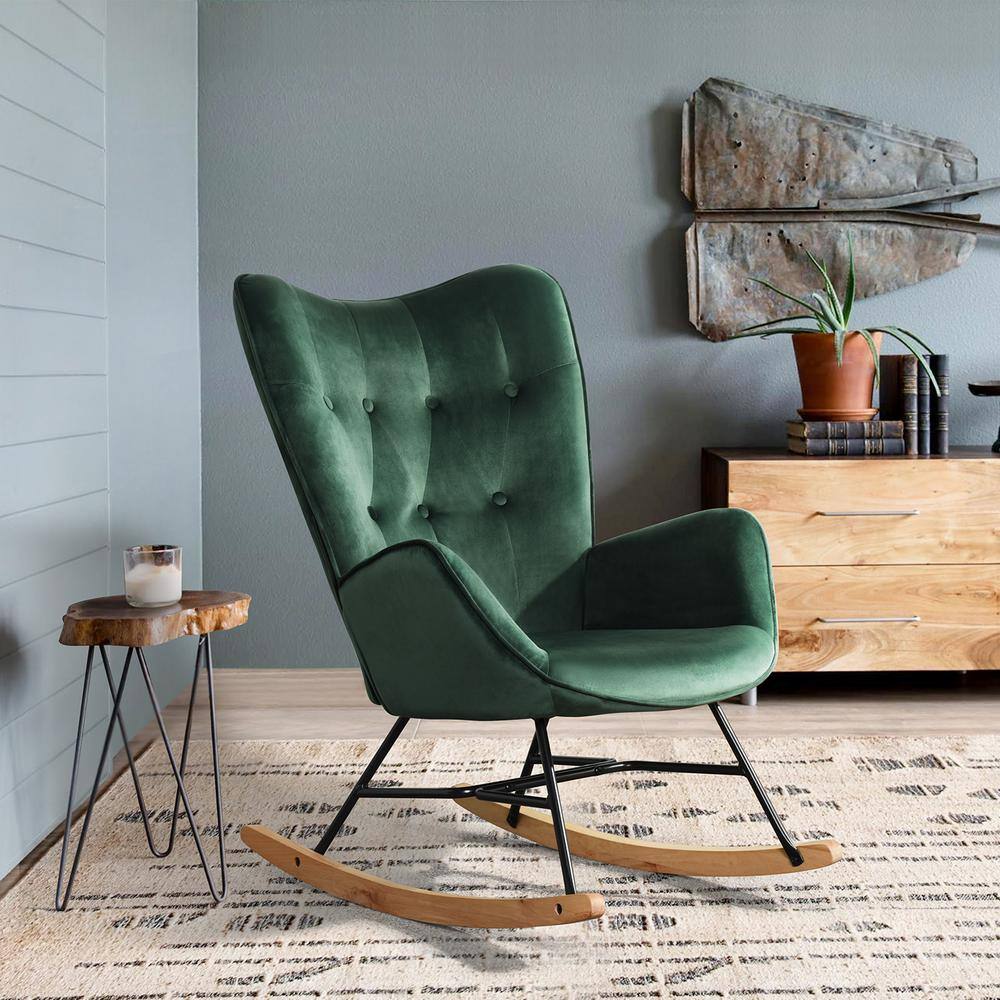 Green Velvet Tufted Rocking Chair with Wooden Base
