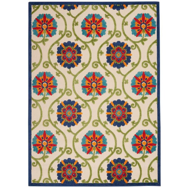 Aloha Blue/Multicolor 6 ft. x 9 ft. Floral Modern Indoor/Outdoor Patio Area Rug