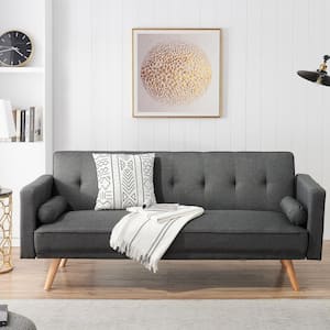71.6 in Wide Square Arm Modern Cotton Straight Variable Bed Folding Sofa With Wood Legs For Living Room in (Dark ) Gray