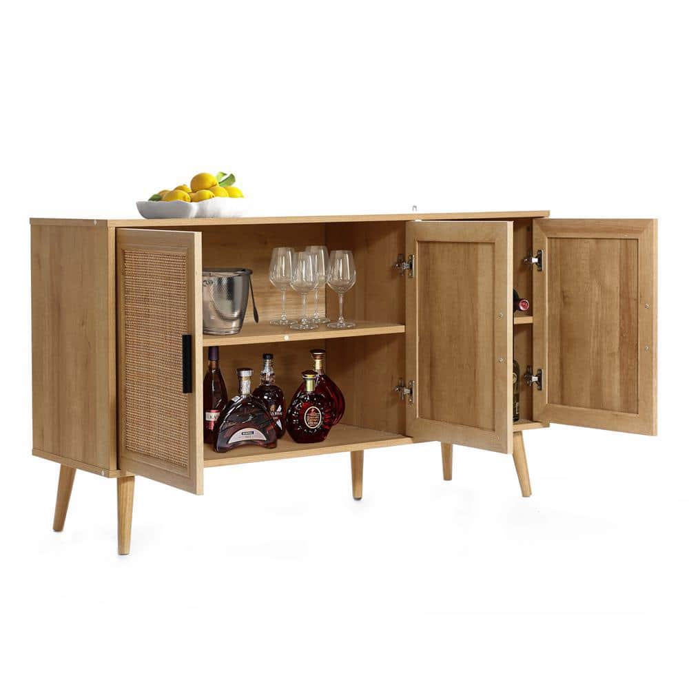 Light Oak 3-Door Rattan and Wood Sideboard Cabinet