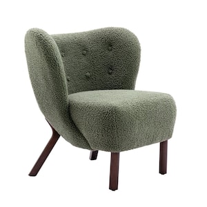 Seaweed Green Accent Chair with Wingback, Lambskin Sherpa Tufted Side Chair with Solid Wood Legs for Bedroom Living Room