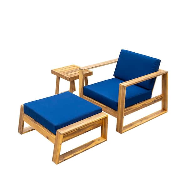 Unbranded 3-Piece Acacia Wood Outdoor Patio Conversation Set-Chair and Ottomanwith Blue Cushions, for Patios Balconies Gardens