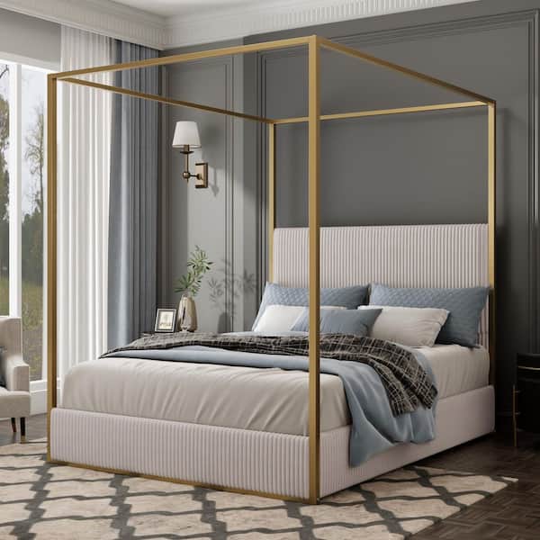 Immortal Beige Wood and Gold Metal Frame King Size Canopy Bed with Tall Corduroy Upholstered Headboard