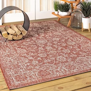 Tela Bohemian Red/Taupe 5 ft. 3 in. x 7 ft. 7 in. Textured Weave Floral Indoor/Outdoor Area Rug