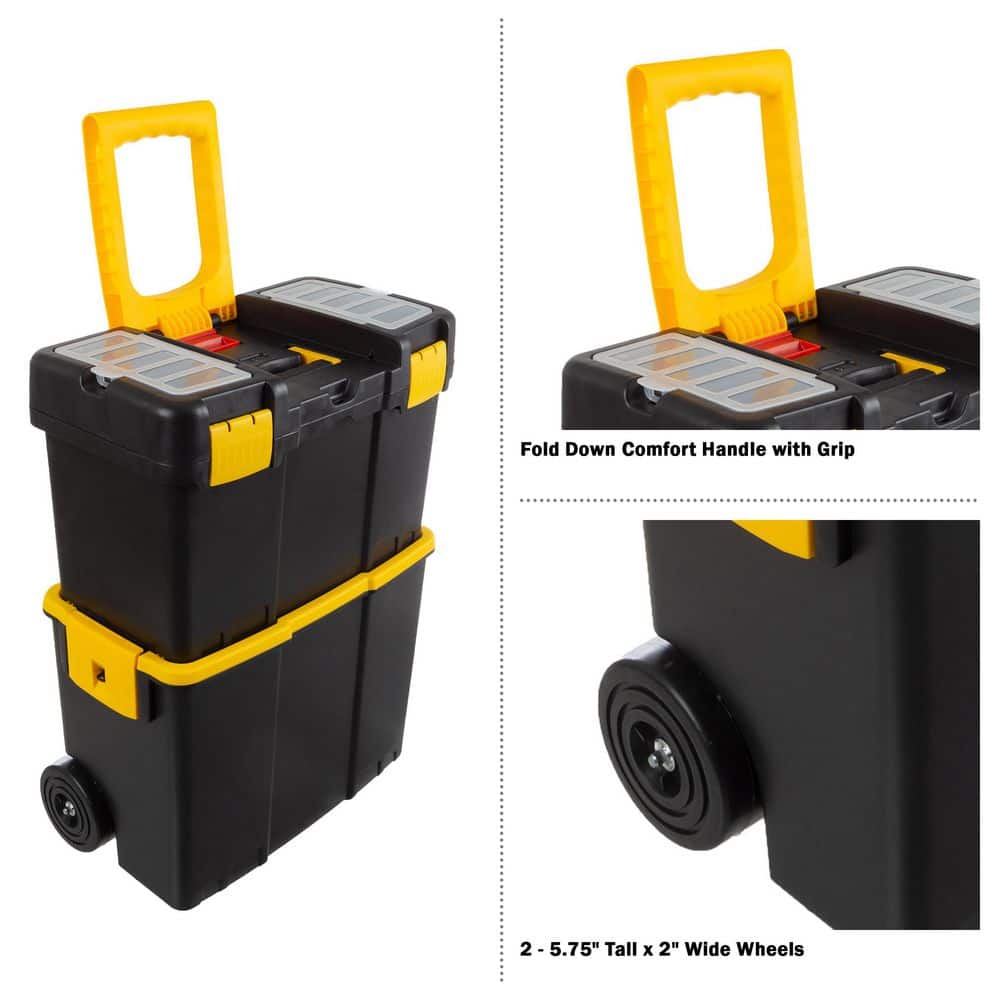 Black and Yellow Portable Tool Box with Wheels and Removable Storage Trays
