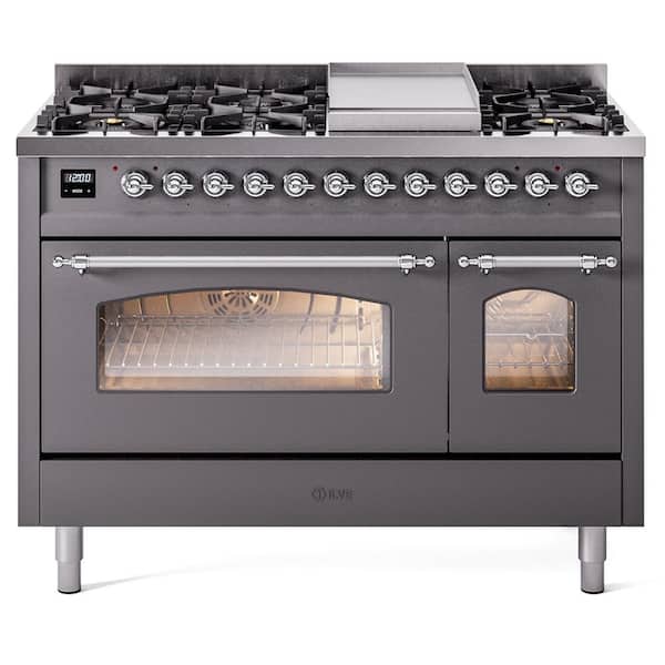 ILVE Nostalgie II 48 in. 8-Burner Plus Griddle Double Oven Natural Gas Dual Fuel Range in Graphite Matte with Chrome Trim