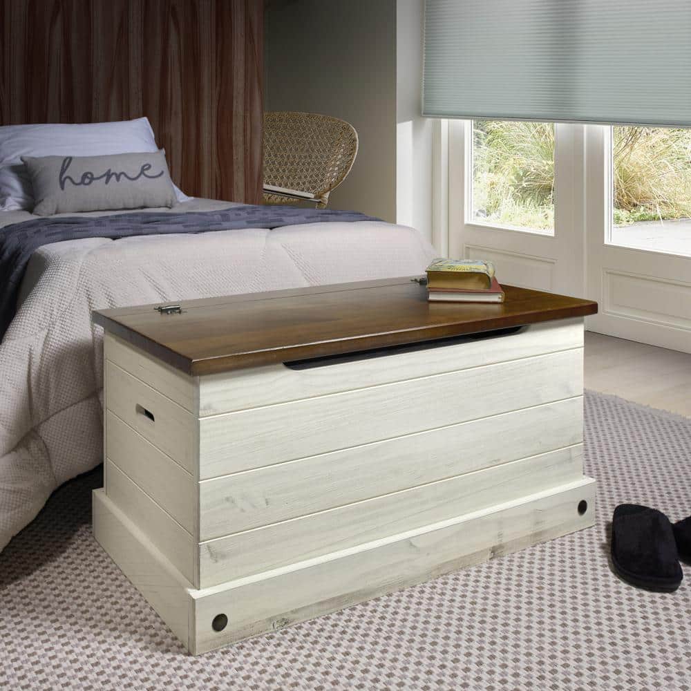 Distressed White Cottage Wood Storage Trunk with Soft Close Hinges