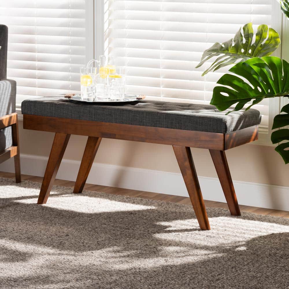 Alona Mid-Century Grey Fabric and Walnut Wood Dining Bench