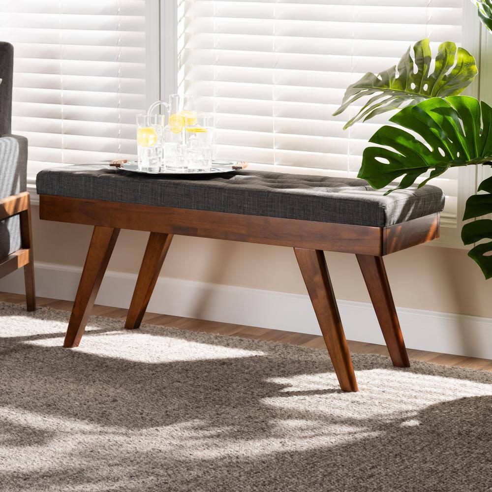 Alona Mid-Century Grey Fabric and Walnut Wood Dining Bench