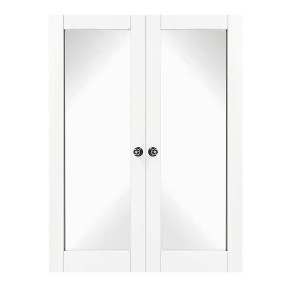 TENONER 60 in. x 80 in. Composite, MDF 2-Sided Mirrored Glass, Primed, White Interior Door Slab with Black Goal Doorknob