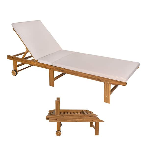 Mallorca 77.17 in. x 23.62 in. Foldable Adjustable Wood Outdoor Chaise Lounge with Cushion & Wheels, Beige/Natural