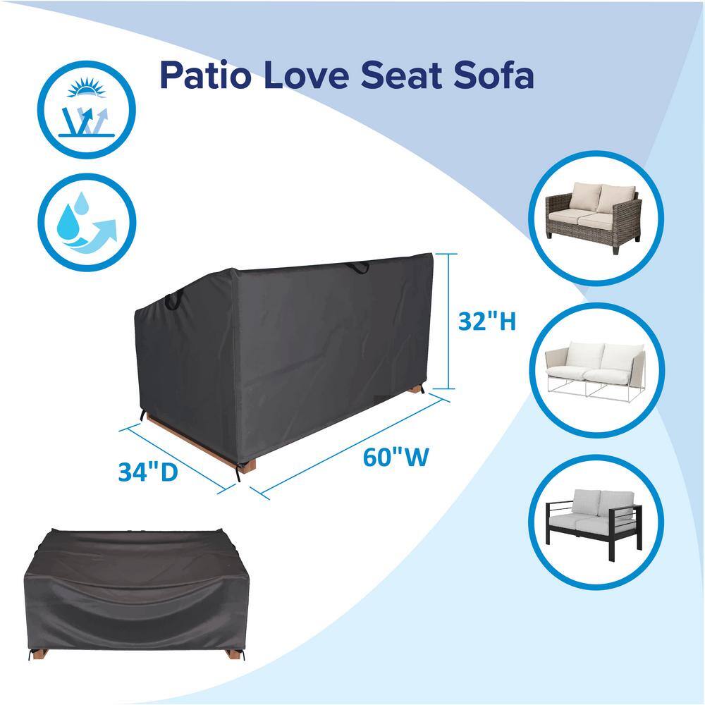 Diagram showing dimensions and features of the patio loveseat cover.