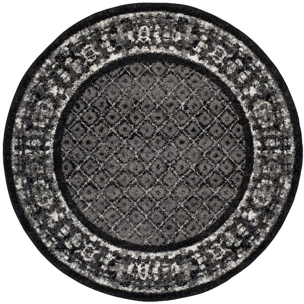Adirondack Black/Silver 4 ft. x 4 ft. Round Geometric Border Area Rug