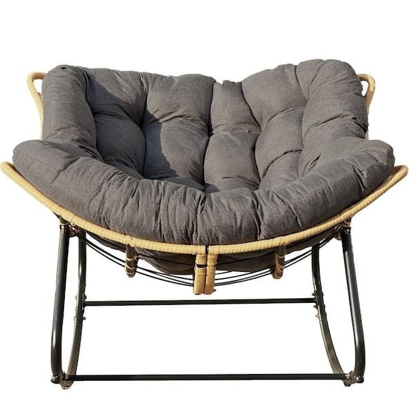 Oversized PE Wicker Outdoor Rocking Chair Papasan Chair with Dark Gray Cushion, Modern Royal Chair for Patio