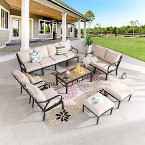 11-Piece Metal Patio Conversation Set with Beige Cushions