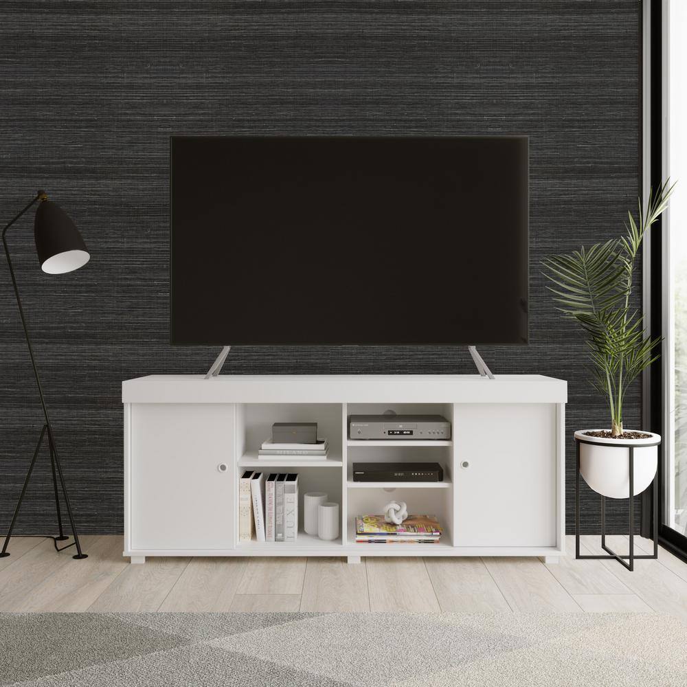 TECHNI MOBILI 63 in. W White TV Stand with Storage, Fits TV'S up to 65