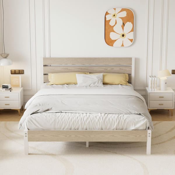 VECELO Full Bed Frame with Brown Wood Headboard and Footboard, No Box Spring Needed, Strong Metal Slats Support Platform Bed