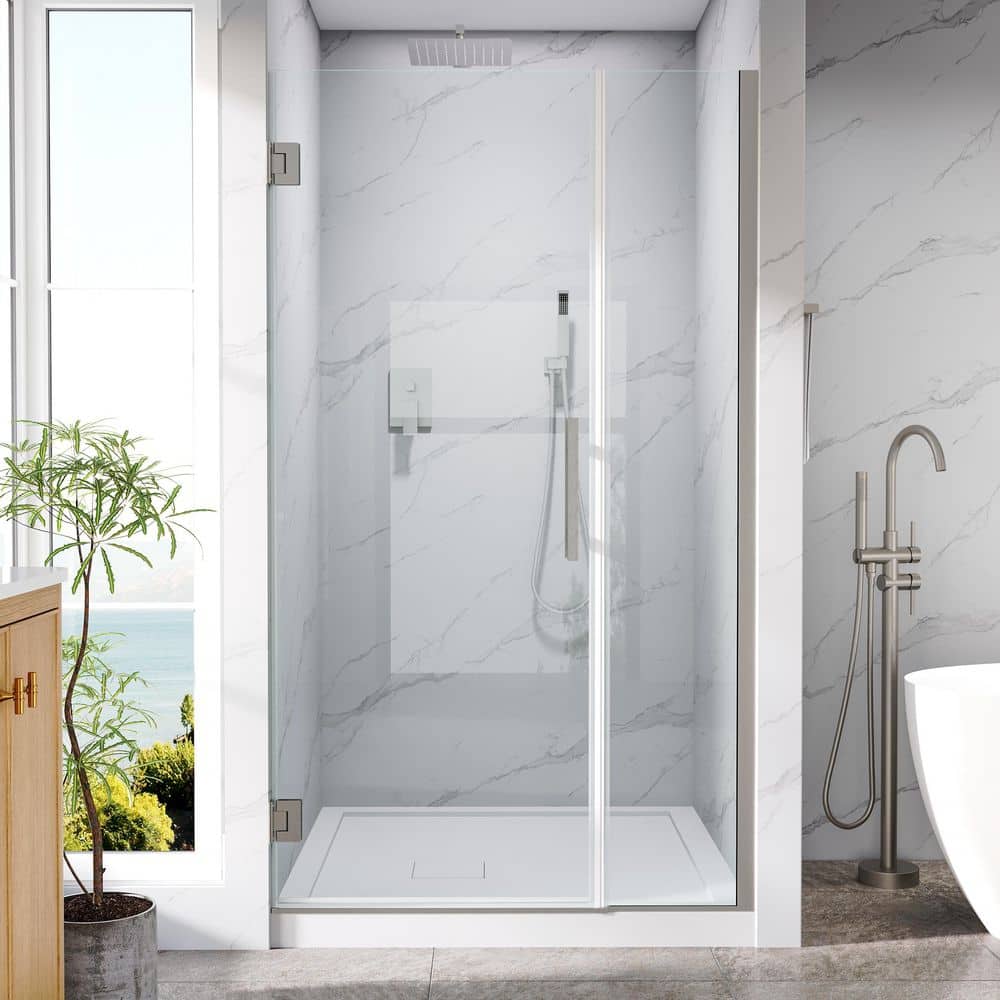"UNIFIT 40-41 in. W x 72 in. H Hinged Frameless Shower Door in Brushed Nickel with 3/8"" SGCC Clear Tempered Glass" price history on PriceWatchPro