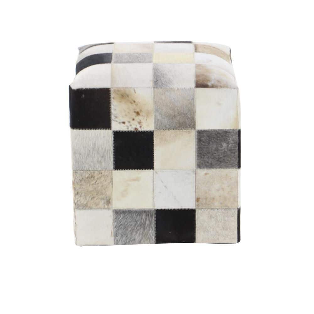 Contemporary Patchwork Leather Pouf Ottoman, Multi-Colored 16"x16"