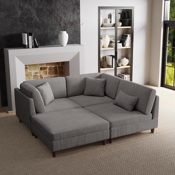 120.5 in. Straight Arm 4-Piece Corduroy Upholstered L-Shaped Sectional Sofa in Light Gray